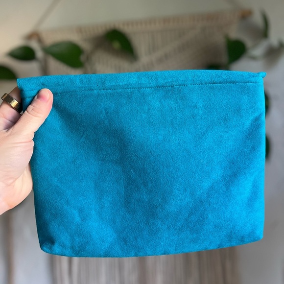 Vintage Turquoise Suede Floral Clutch Purse Handmade Boho Evening Bag Flower - Picture 6 of 7